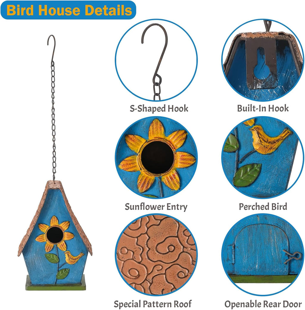 Metal Bird Houses for Outside Hanging, Decorative Sunflower Birdhouses for Outside, Rustic Weatherproof Hanging Bird