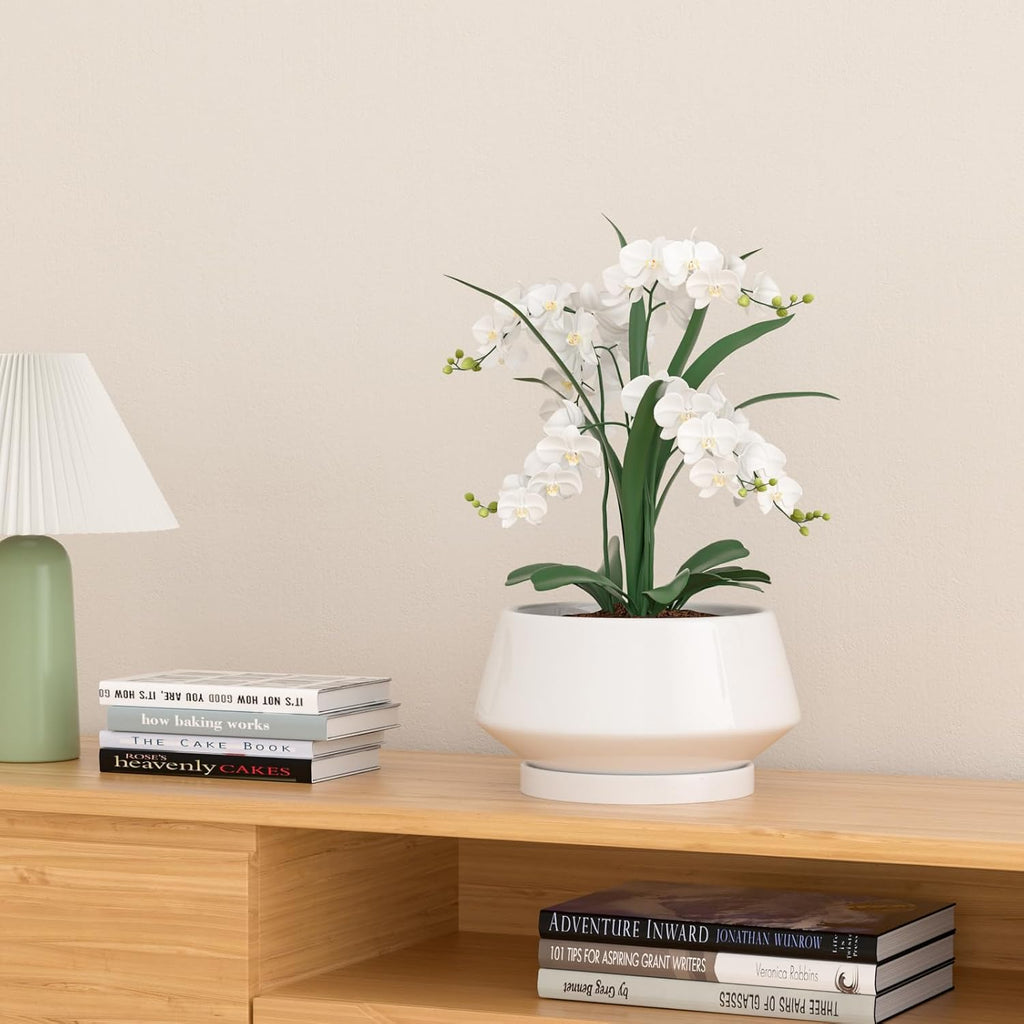 8.3 Inch White Ceramic Planter with Drainage Hole and Saucer | Ideal for Indoor and Outdoor Plants, Modern Home Decor