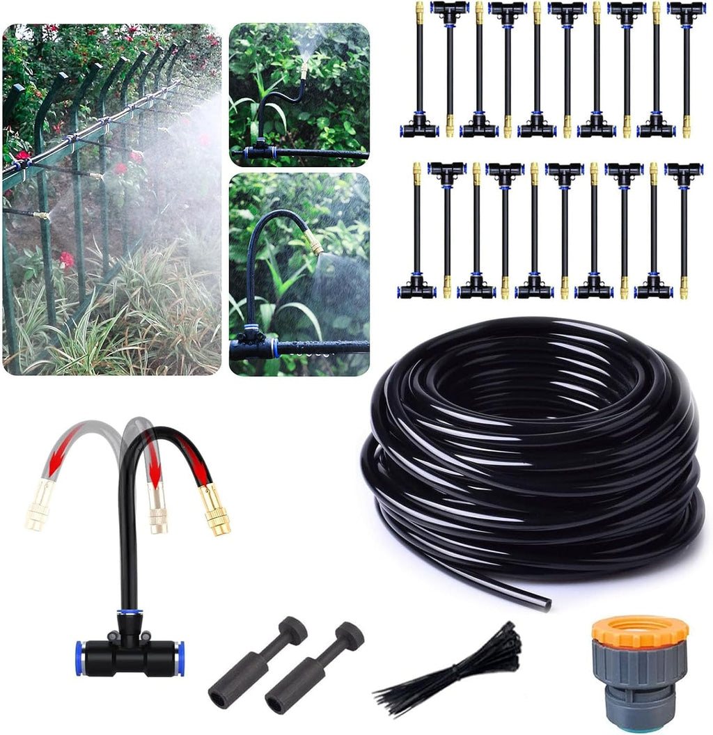 Garden Watering System, Greenhouse Mist Drip Irrigation Kit,65Ft Hanging Plant Watering System with 20 Three-Way