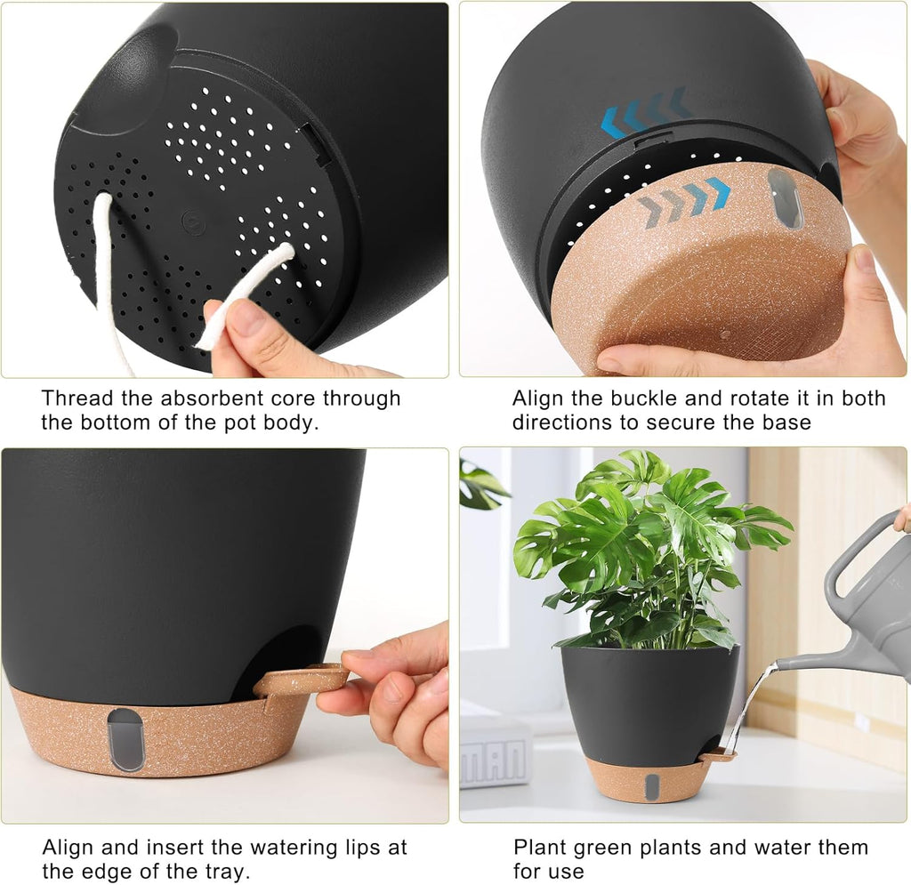 Self Watering Pots for Indoor Plants 12/10/9/8 Inch Plastic with Reservoir | Visible Water Level Indicator,Two Weeks