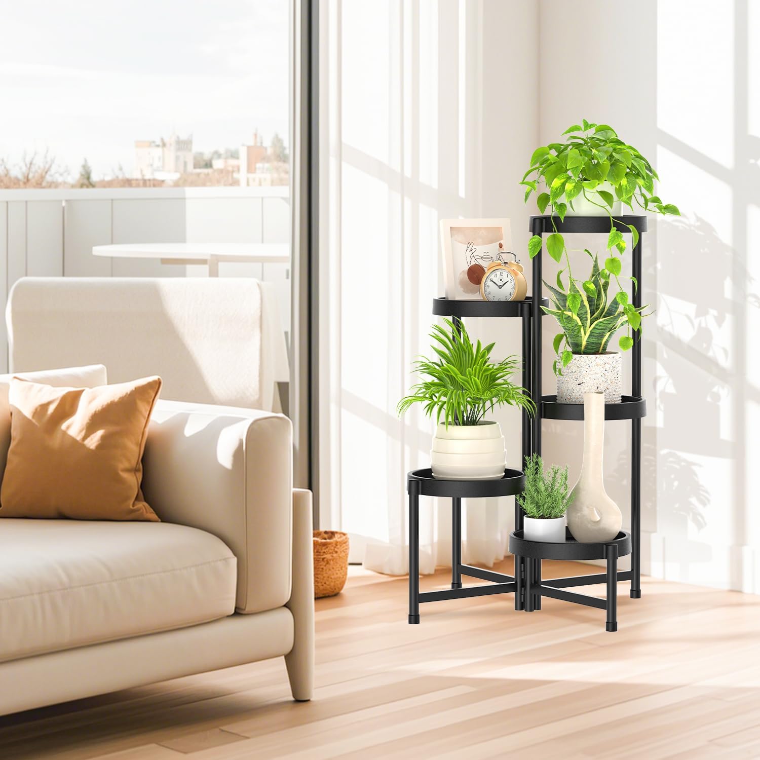 iDavosic.ly 5 Tier Folding Plant Stand Indoor Outdoor, Plastic Tray, Black | Space Saving Tiered Corner Storage Display