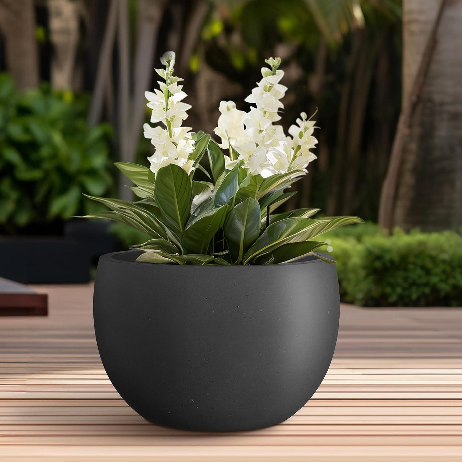 Kante Large Round Bowl Black Concrete Planter 20" Dia, Outdoor | Rubber Plug for Indoor, Drainage for Garden