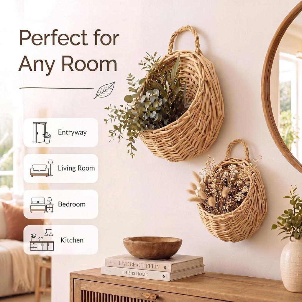 Chumia 2 Pack Wicker Hanging Basket 14" and 8" Handmade Woven Wall Hanging Basket for Plant Decorative Boho Mounted