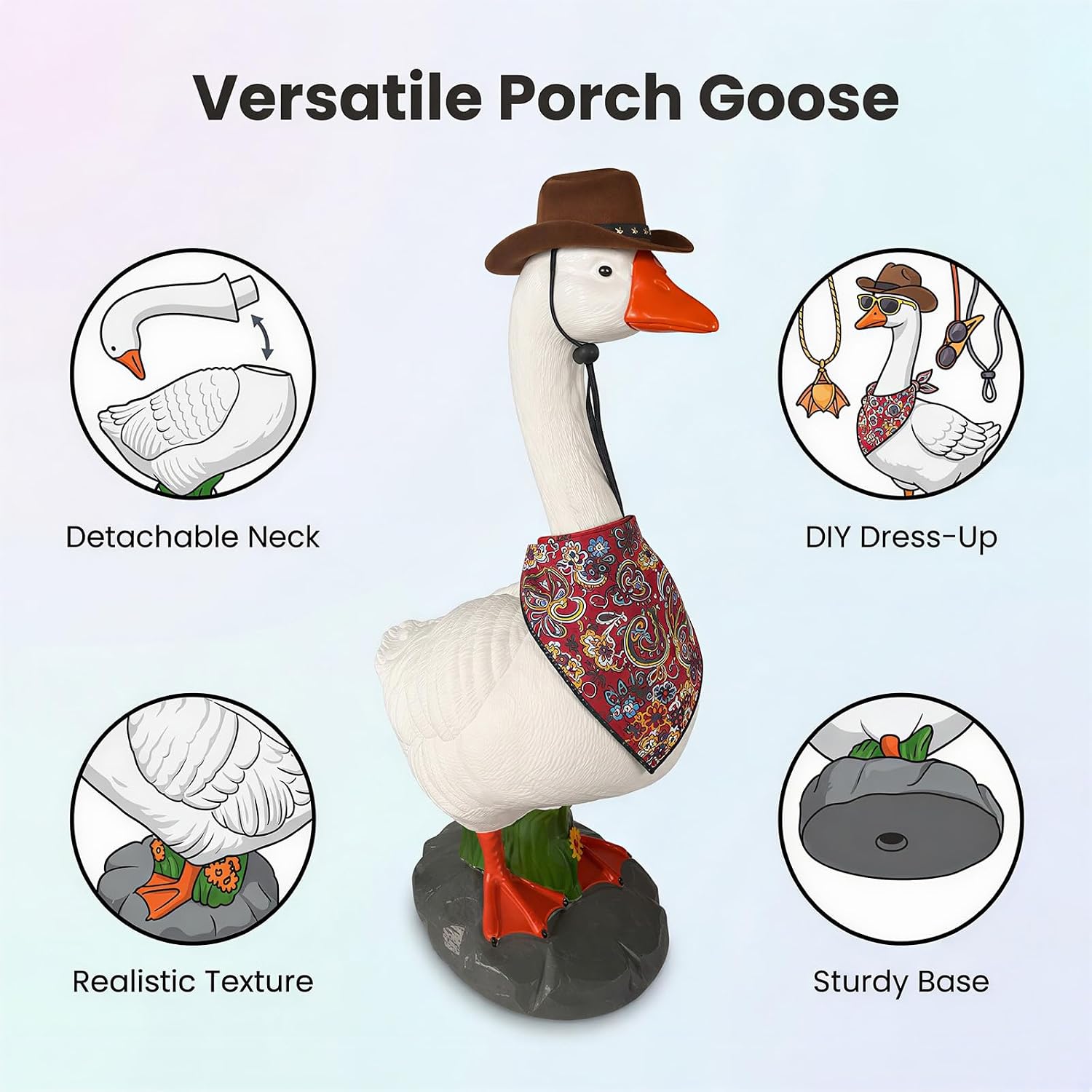 23Inch Porch Goose Statue, Hollow Resin Garden Goose with Removable Cowboy Hat & Bandana, Sand-Fillable Base for