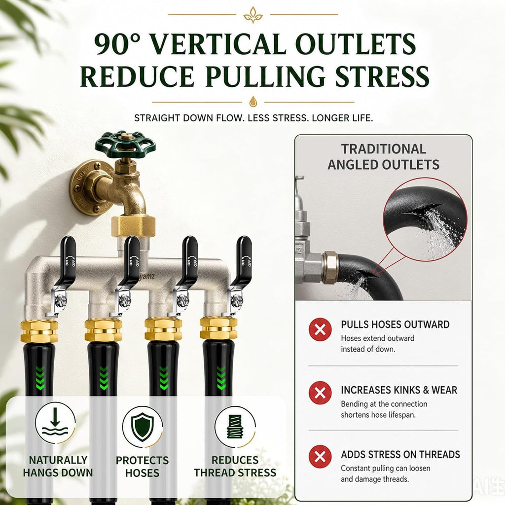 4 Way Garden Hose Splitter, 3/4" GHT Outdoor Faucet Splitter | Heavy-duty Solid Brass Body, Wide Spacing Fits Large