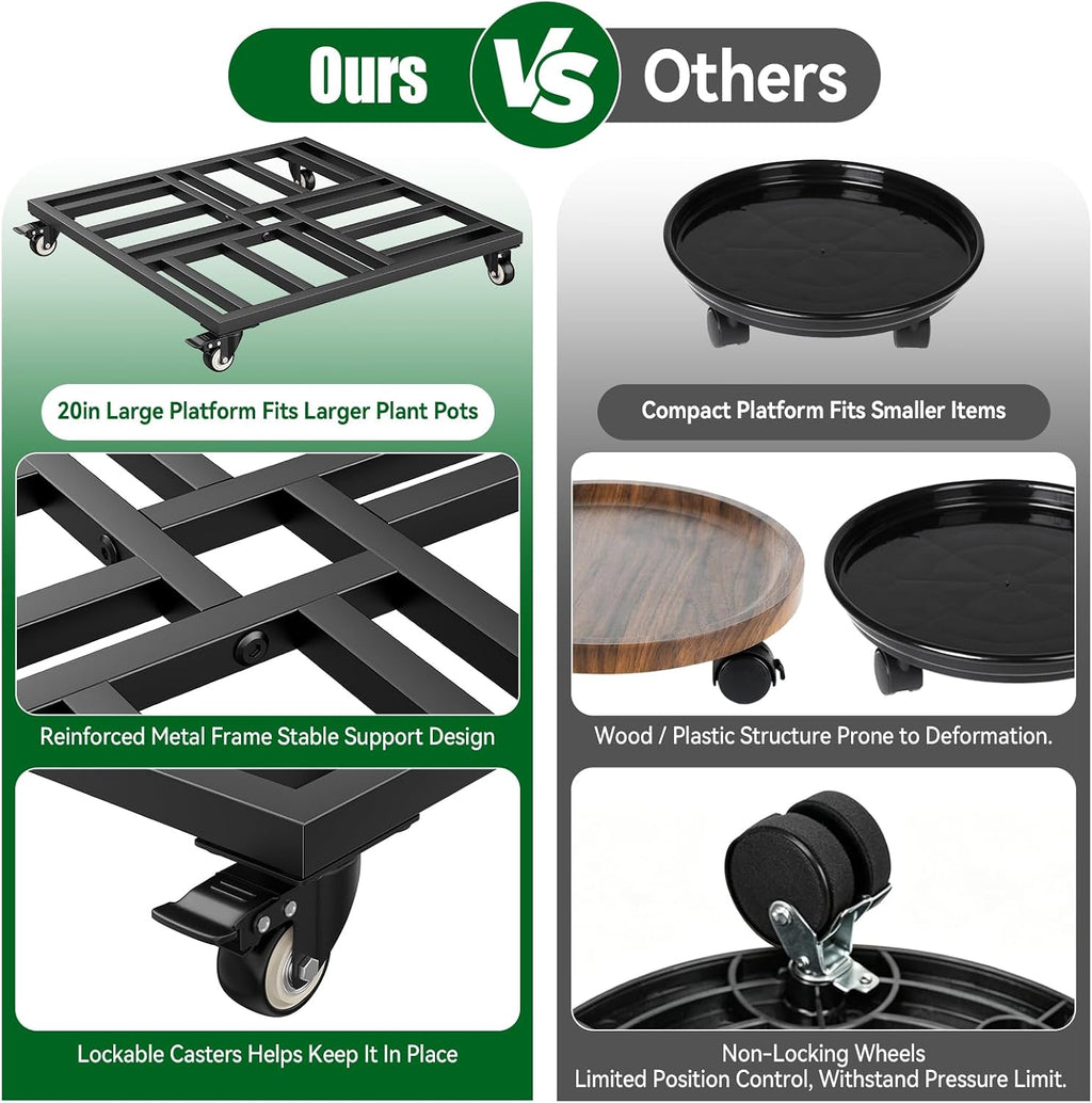 20" Plant Caddy with Wheels, Rolling Metal Plant Stand Holds up to 600 lbs, Square Plant Dolly with Lockable Caster