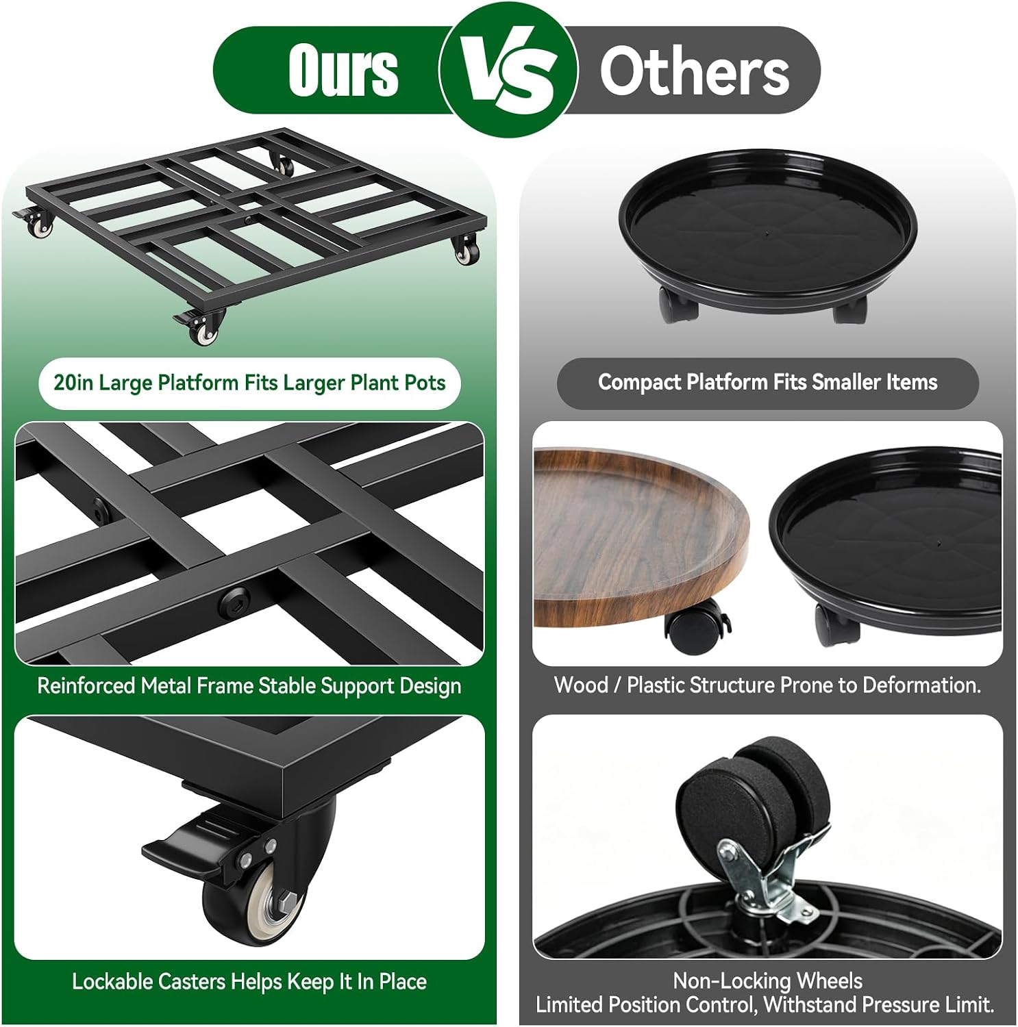 20" Plant Caddy with Wheels, Rolling Metal Plant Stand Holds up to 600 lbs, Square Plant Dolly with Lockable Caster