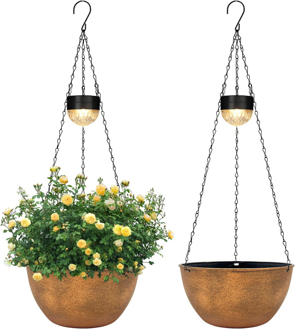 SUNNYPARK 2 Pack Solar Hanging Planters for Plants Outdoor | Self Watering, Bronze Flower Pots with Solar Light