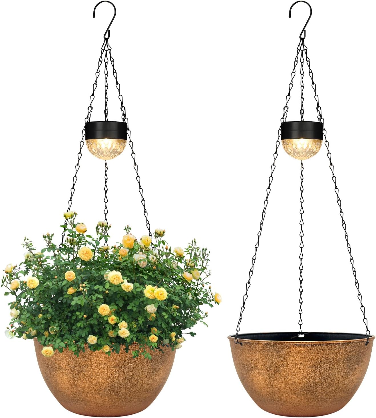 SUNNYPARK 2 Pack Solar Hanging Planters for Plants Outdoor | Self Watering, Bronze Flower Pots with Solar Light