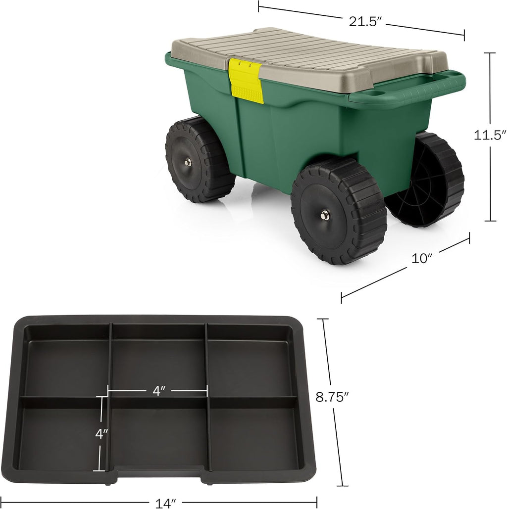 Rolling Garden Cart with Seat - Plastic Storage with Bench and Interior Tool Tray - Gardening Stool for Weeding and