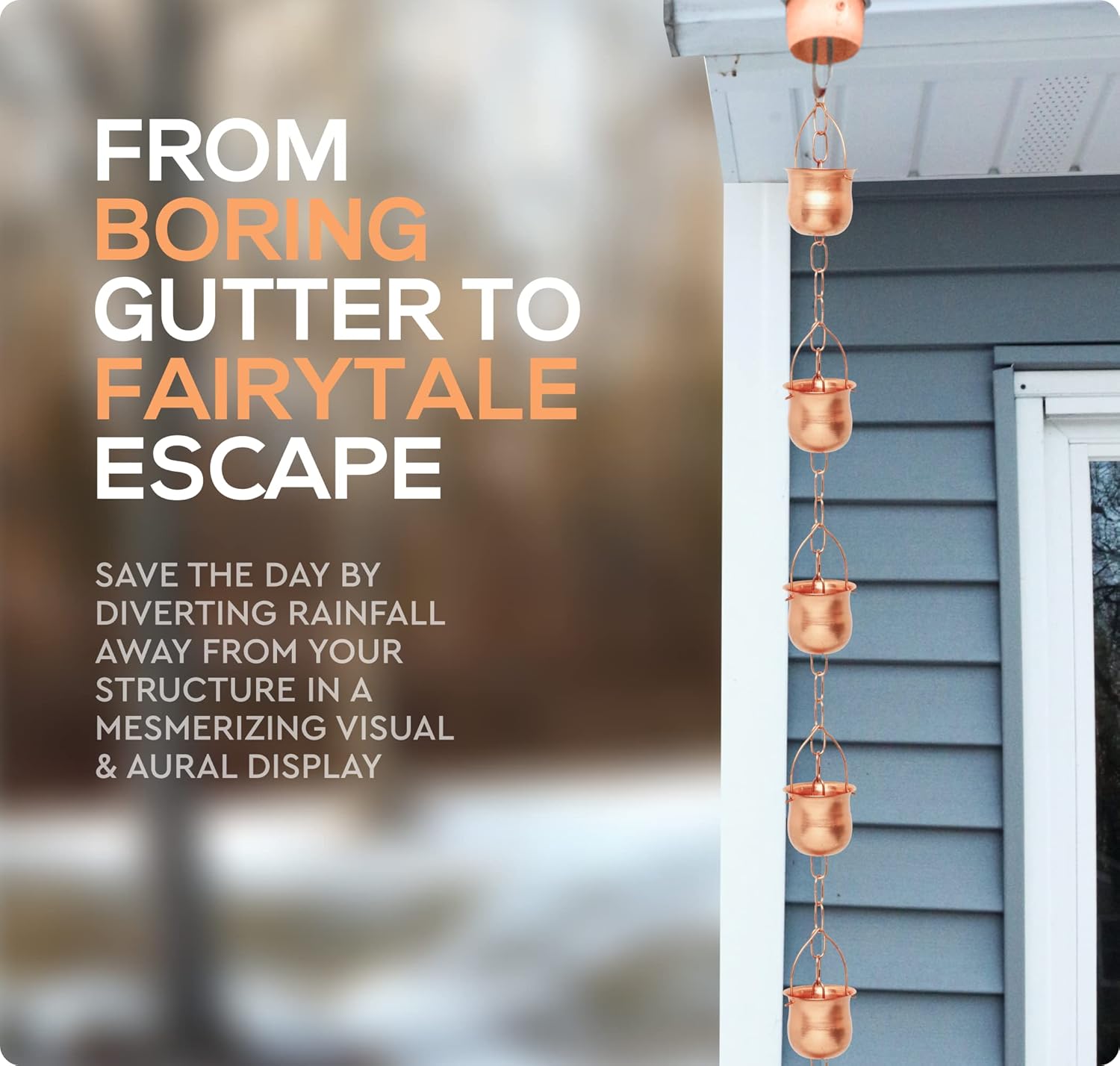 Copper Rain Chain – Decorative Chimes & Cups Replace Gutter Downspout & Divert Water Away from Home for Stunning
