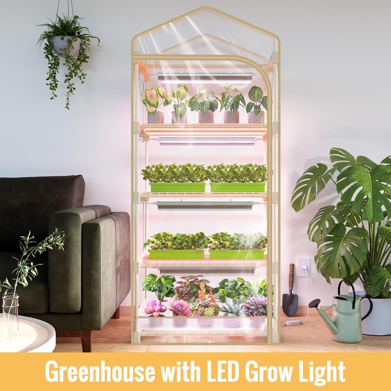 Indoor Greenhouse with Grow Light, 4-Tier Plant Shelf, 27x19x63in | 1.64FT T5 Grow Light for Seedlings, PVC Tent with