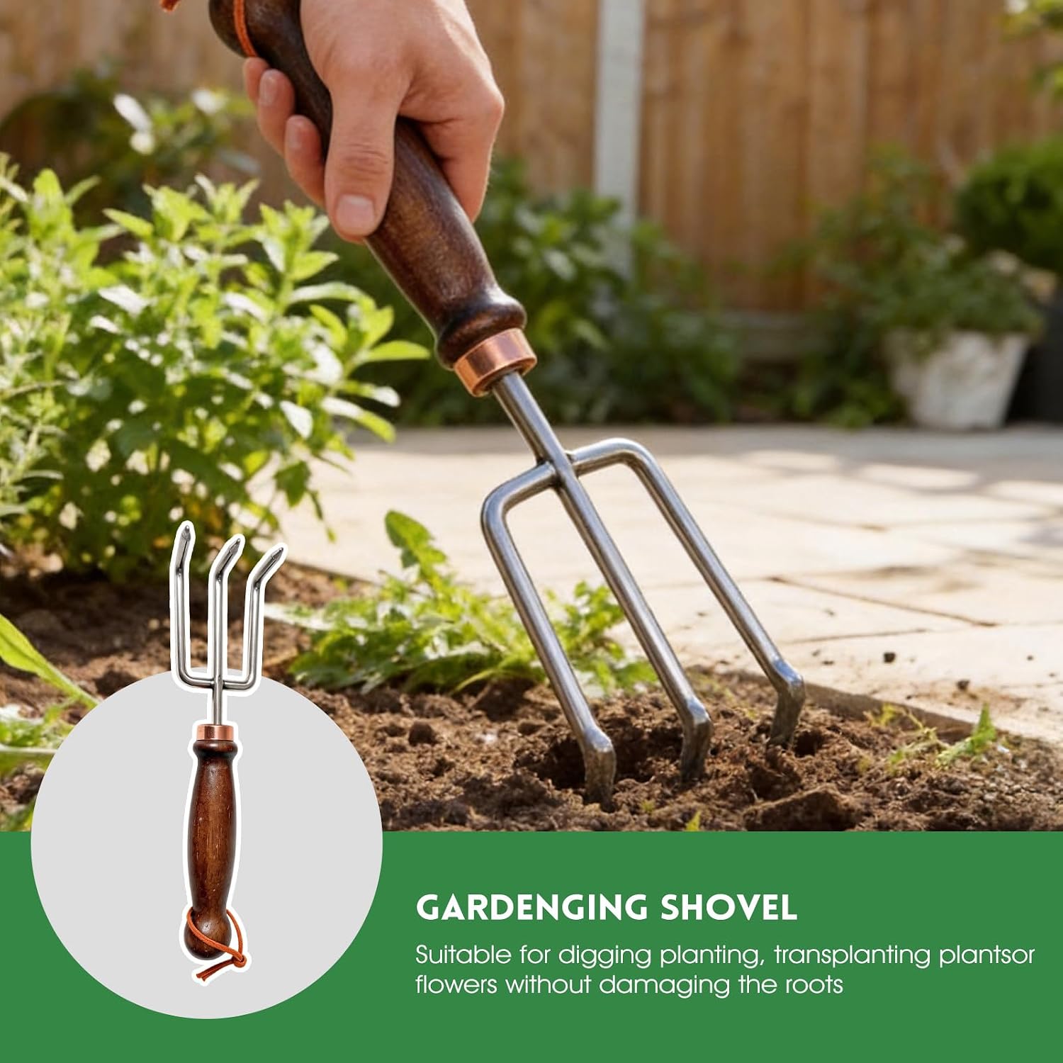 Garden Tools, 4 Pack Garden Shovel with Wooden Handles Hand Tools with Transplanting Hand Shovel, Rake and Root Picker