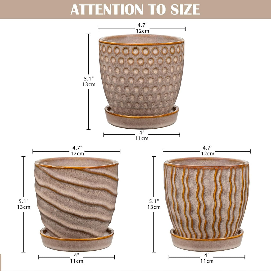 Ceramic Plant Pots with Drainage Holes and Saucers, Set of 3, 4.5 Inch | Stripe Texture Planter Pots for Outdoor Indoor