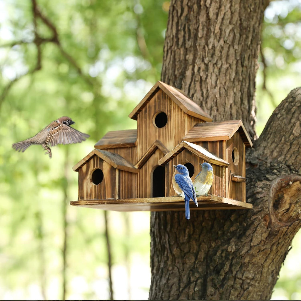 Bird Houses for Outside Hanging,6 Hole Wooden Bird Houses Largel Bird House for Backyard/Courtyard/Patio Decor