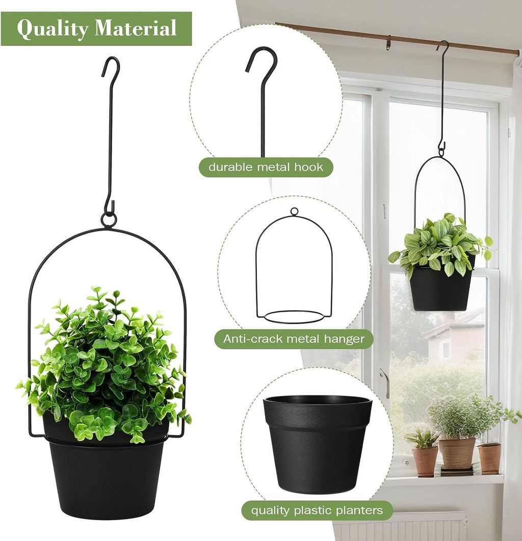 Hushee 6 Packs Metal Hanging Planters for Outdoor Indoor Plants Plant Hanger with 6.3'' Plastic Pots Hanging Planter