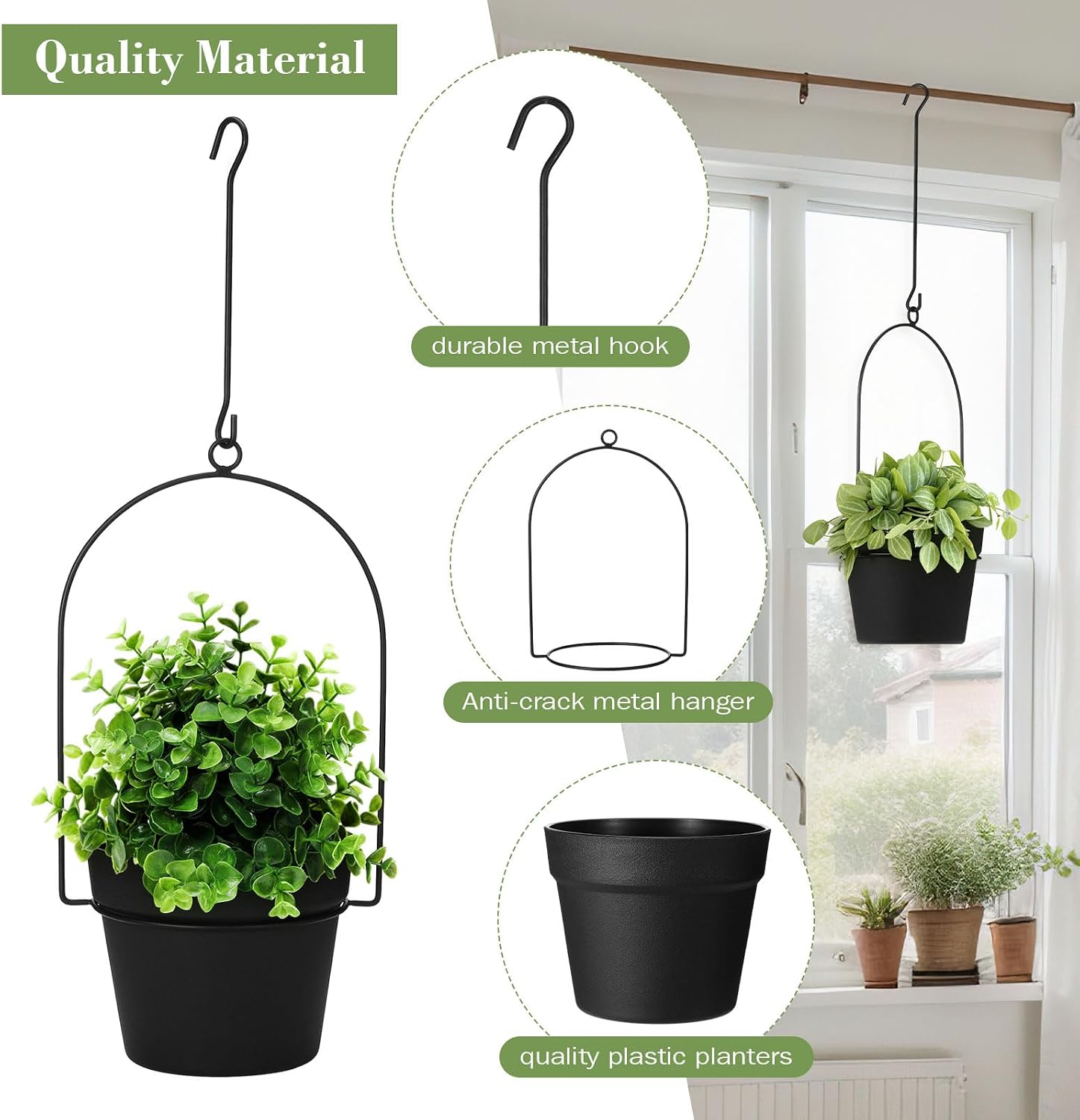 Hushee 6 Packs Metal Hanging Planters for Outdoor Indoor Plants Plant Hanger with 6.3'' Plastic Pots Hanging Planter