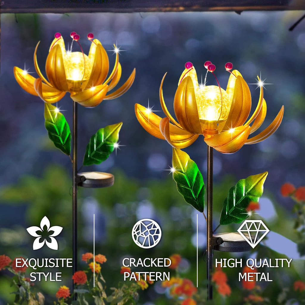 Solar Lights Wind Spinners for Yard and Garden - Metal Lotus Flower Windmills LED Crackle Glass Globe Outdoor Garden