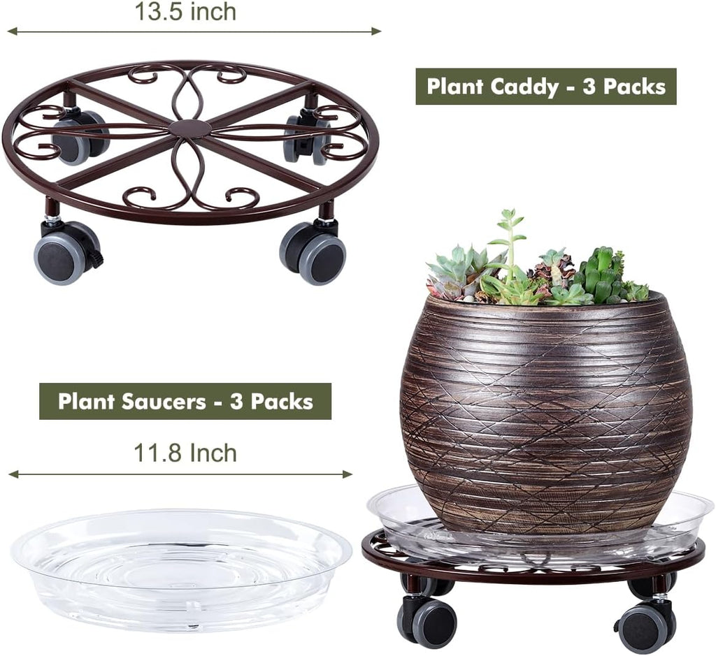 3 Pack Plant Caddy with Wheels Heavy Duty 13.5 Inches Metal Plant Stand with Wheels Plant Dolly Rolling Plant Stand
