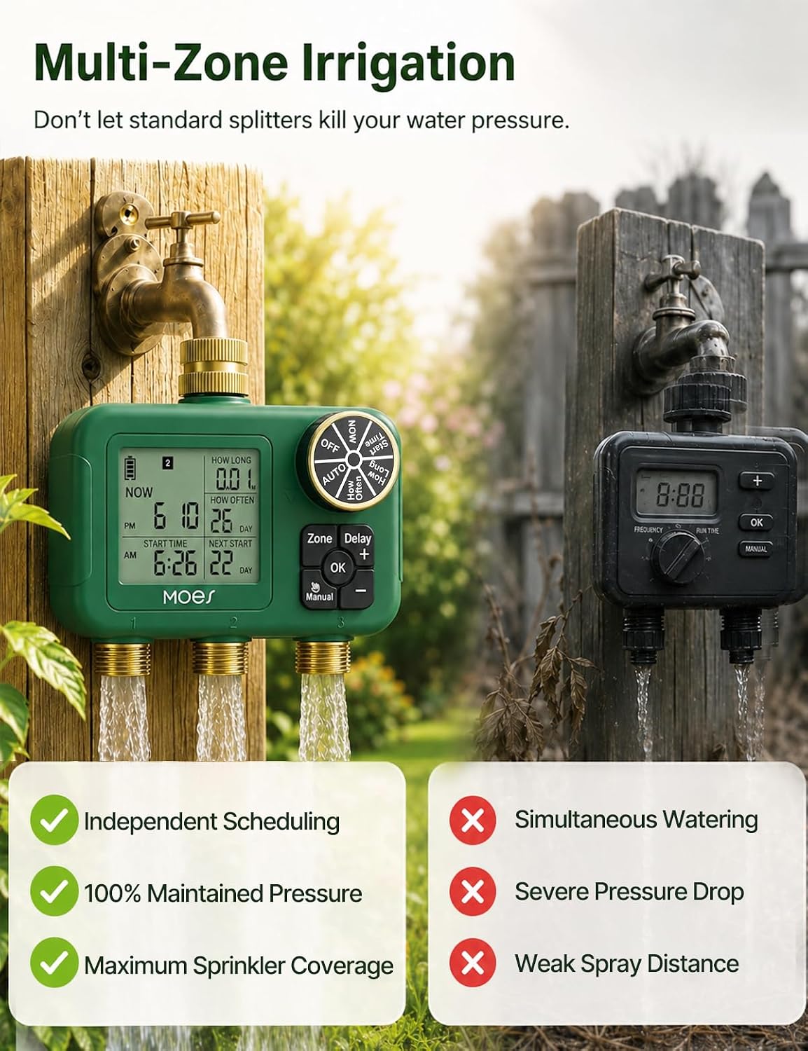 MOES 3-Zone Water Timer for Garden Lawn Hose, Brass 3/4 Inlet & Outlets | Independent Tripe-Outlet Sprinkler Timer