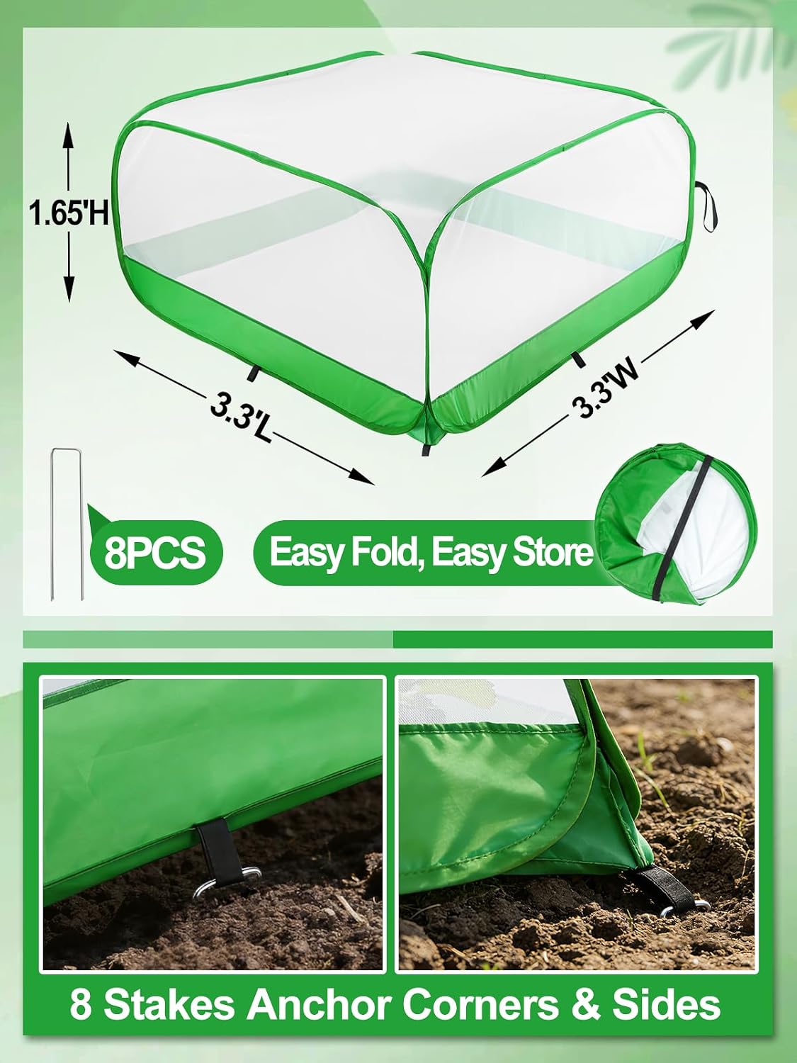 Pop Up Garden Netting for Square Raised Beds, 3.3'L x 3.3'W x 1.65'H | Protection for Vegetables Fruit from Birds