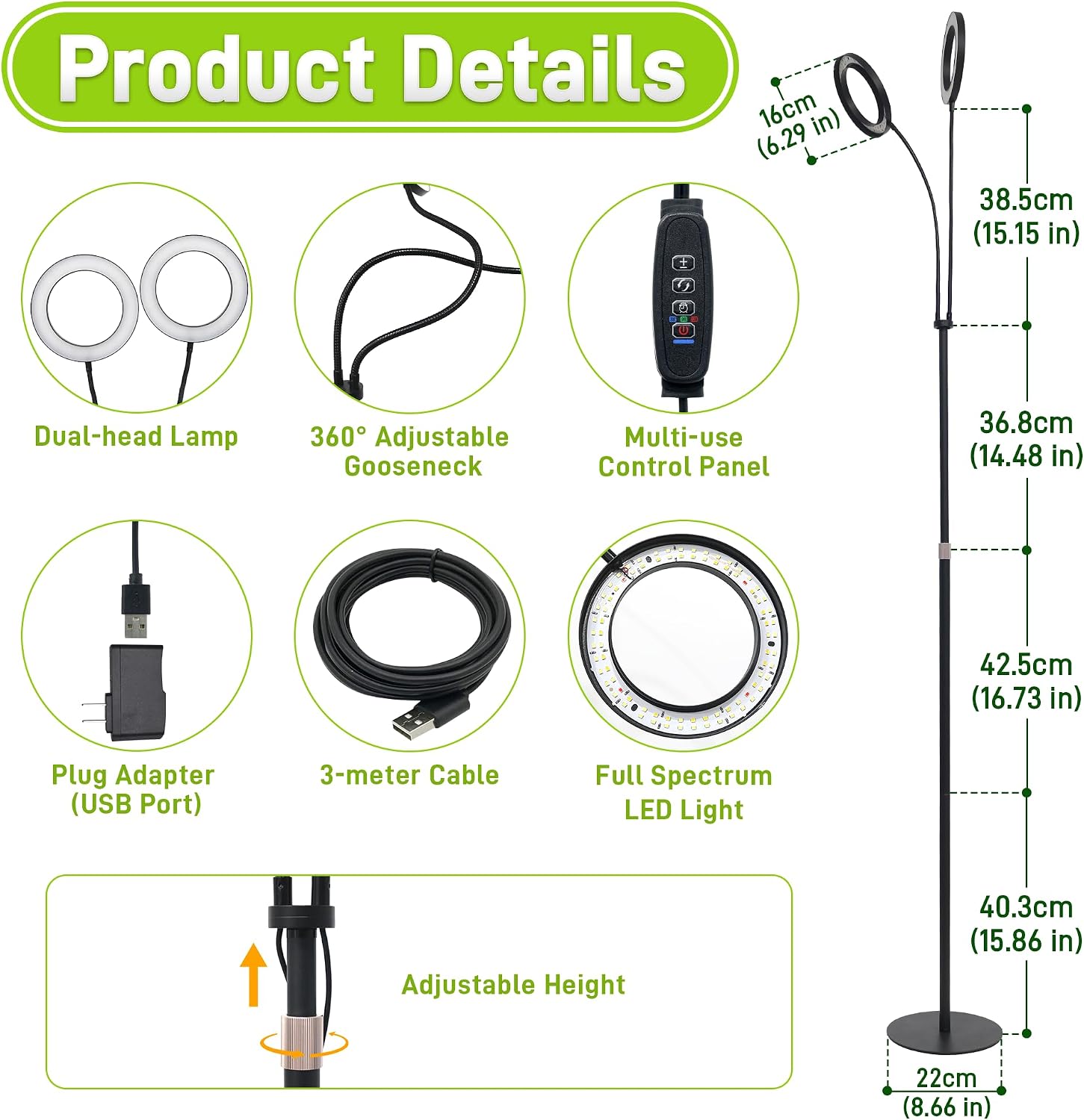 Grow Lights for Indoor Plants,Double Head Full Spectrum LED Plant Light with Stand,6 Dimmable Levels & 3 Lighting