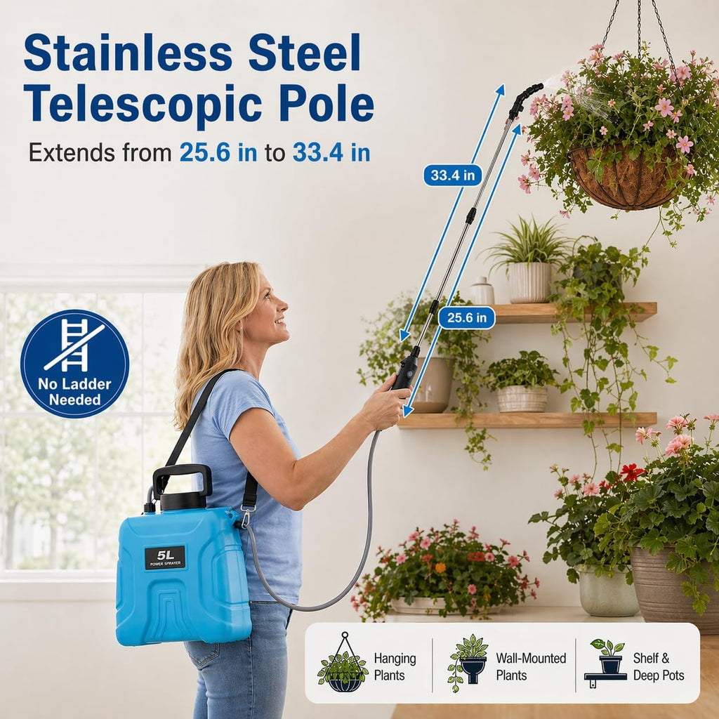 5L Plant Watering Can - Rechargeable Cordless Sprayer with Wand | Includes an Extendable 25.6–33.4 in Wand, 2 M Hose