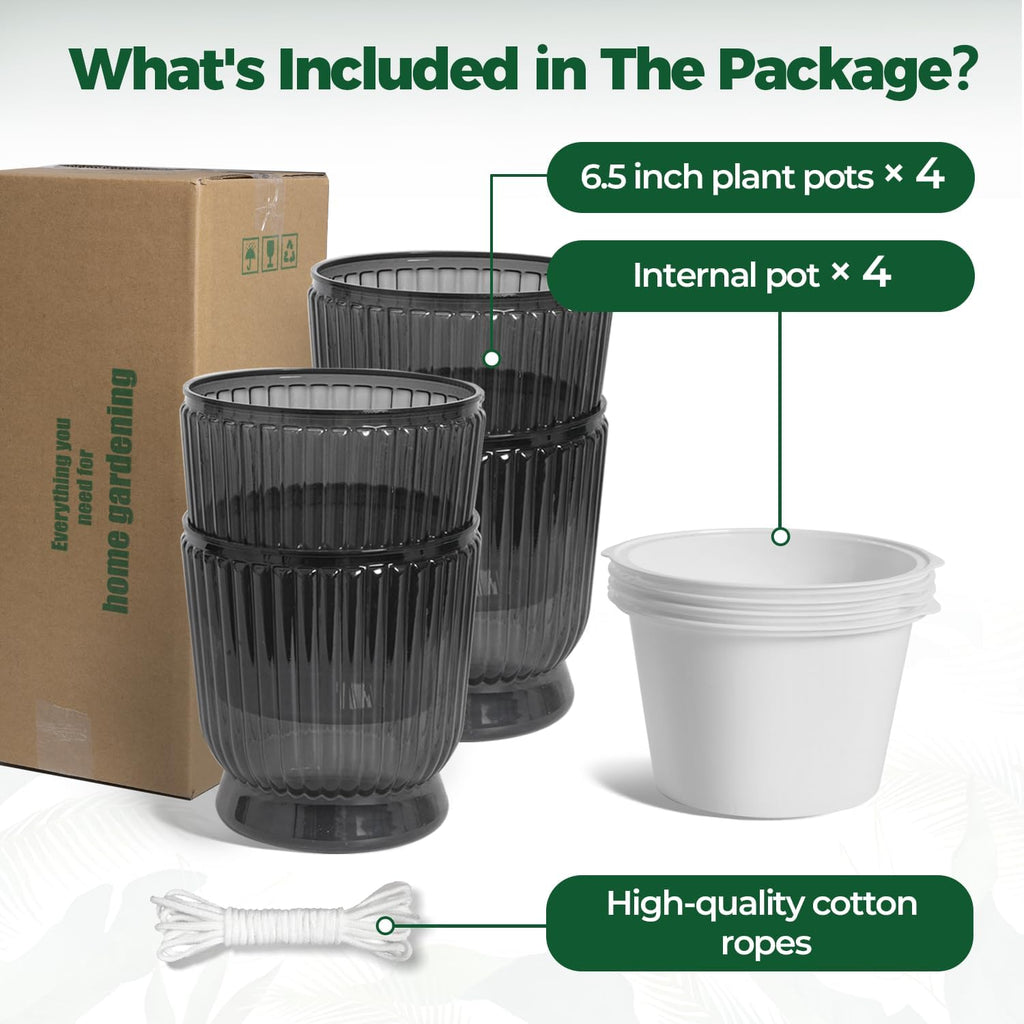 T4U Self Watering Pots for Indoor Plants 6 Inch 4 Pack Planter Gray | Clear visible water level, Pothos ferns herbs