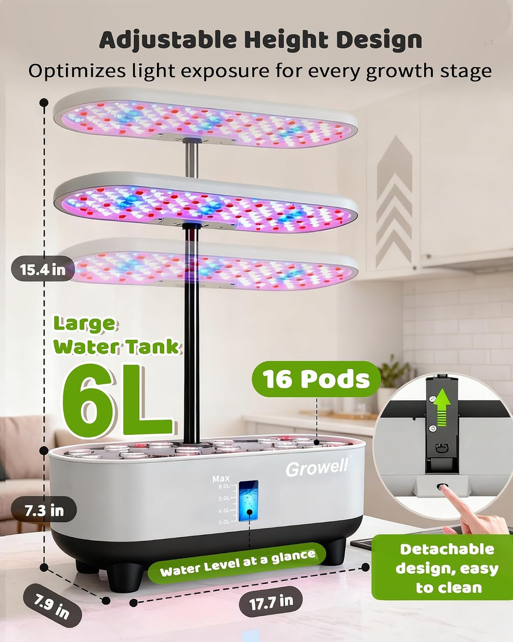 Growell 16 Pods Hydroponics Growing System Kit with 3 Light Modes & 2 Timer | Smart Water Circulation, LED Grow Light