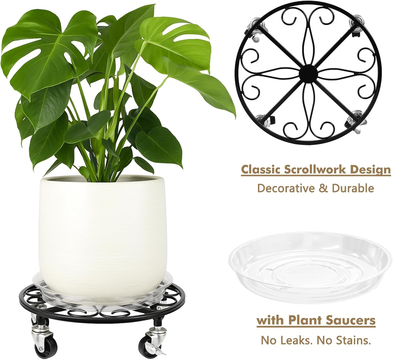4 Pack Plant Caddy with Wheels 13.5 Inch Rolling Plant Stand for Large Plants Heavy Duty Plant Rollers Metal Plant