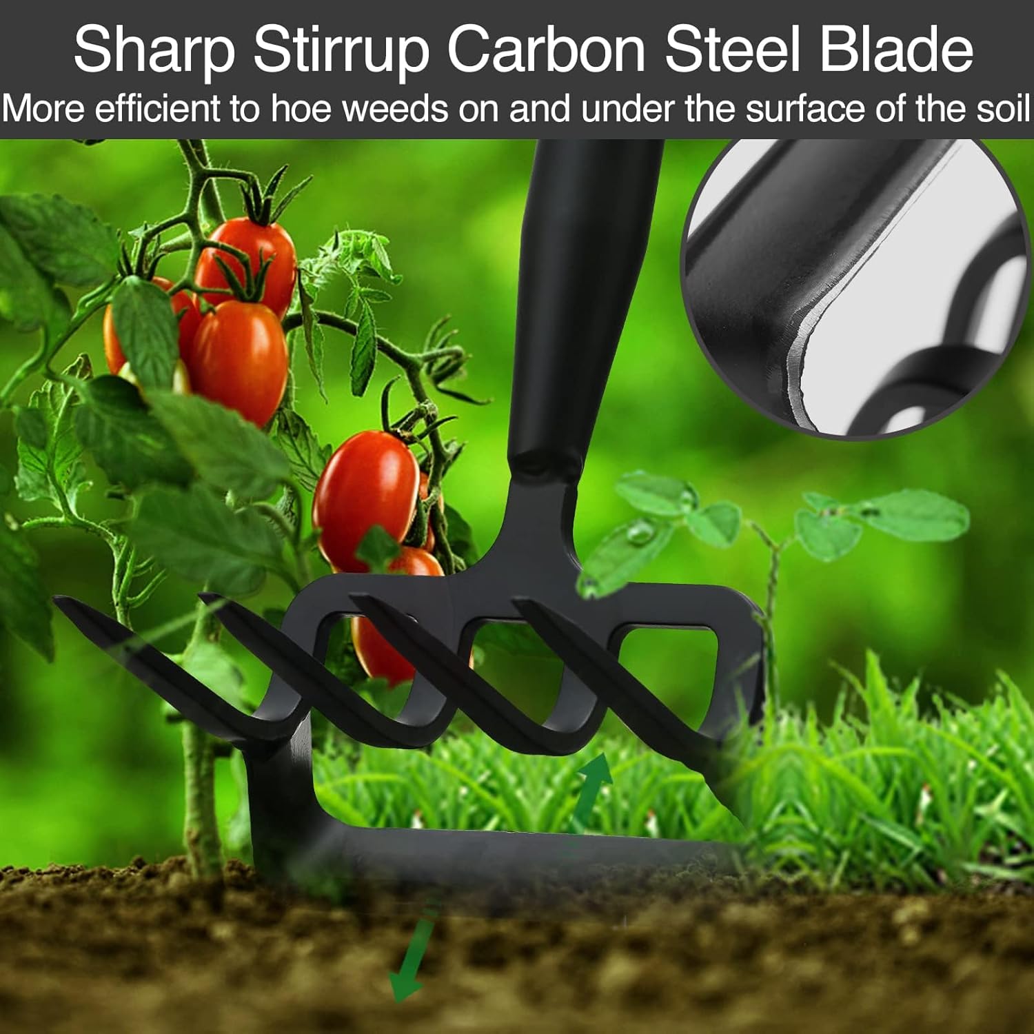Stirrup Hoe Garden Tool & Cultivator Rake, 2-in-1 Heavy Duty Metal Hand Scuffle Garden Hoe for Weeding Vegetable Beds