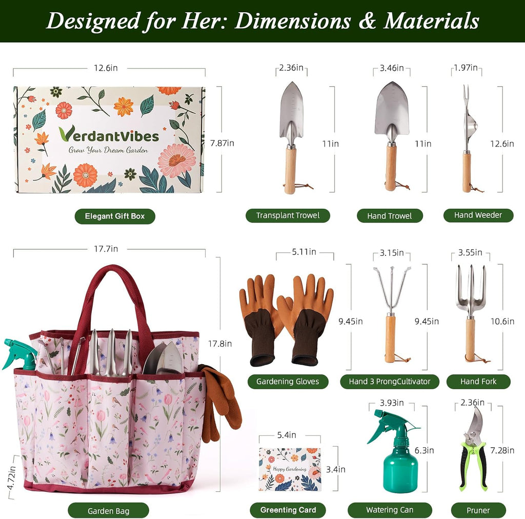 VerdantVibes Gardening Tools Set - 10 Piece Stainless Steel Garden Tools with Wood Handle, Pruners & Romantic Pink