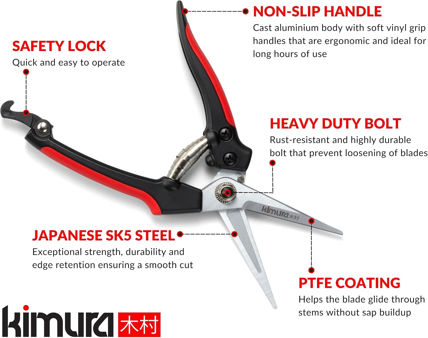 Kimura® 8" Pro Pruning Scissors, Premium Japanese SK5 Hi-Carbon Steel Blades, Non-Slip Vinyl Coated Handles