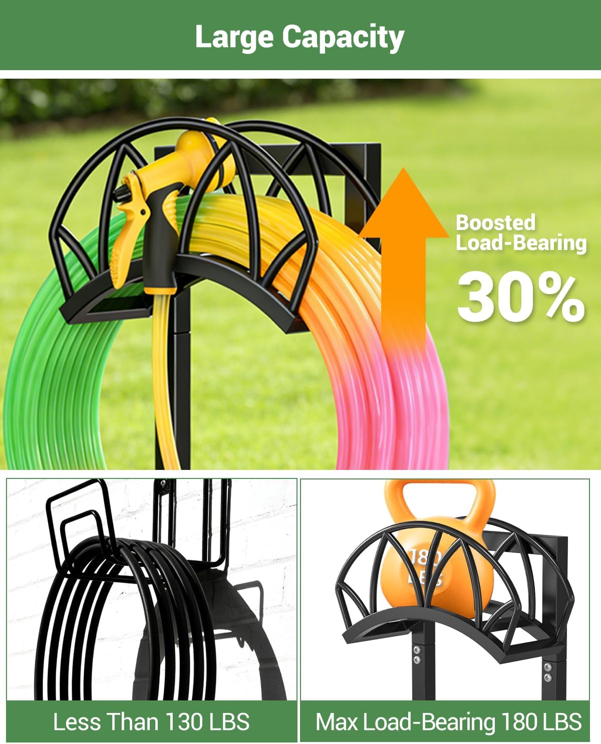 Garden Hose Holder, Freestanding Water Hose Reel Stand, Holds 160 FT, Black | Heavy Duty Detachable Hose Storage Rack