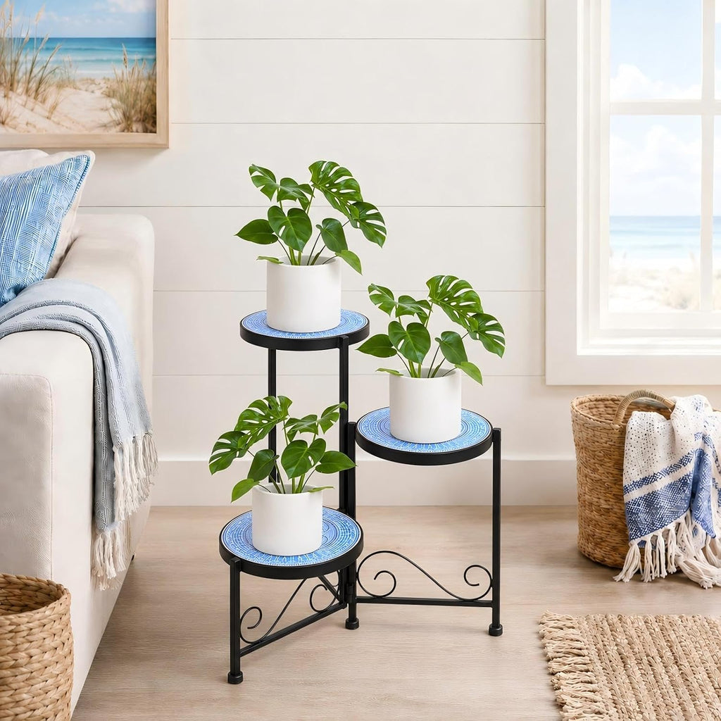 3 Tier Mosaic Ceramic Top Plant Stand, Foldable Flower Pot Holder | Wrought Iron No Assembly Required Space Saving
