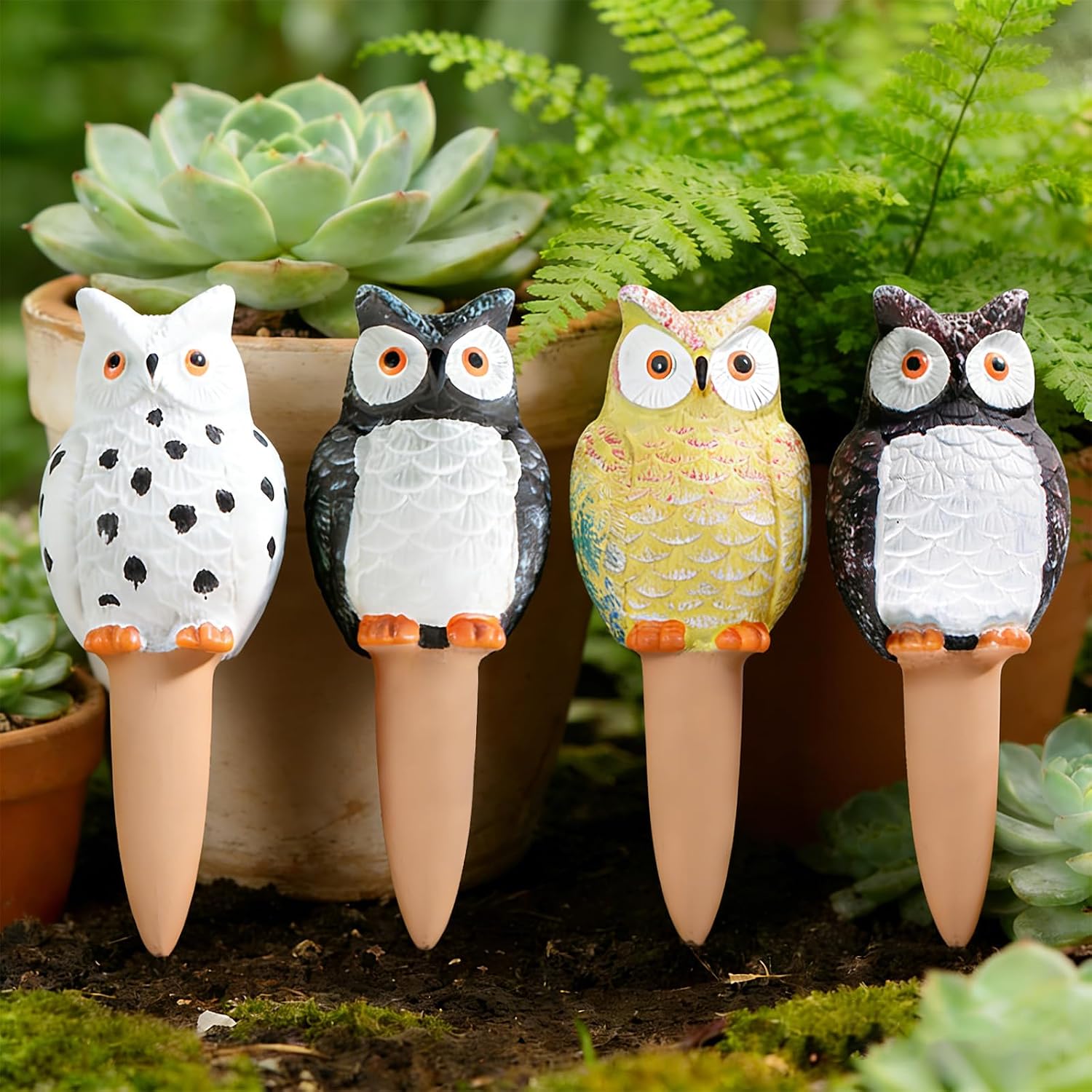 MCleanPin 4 Pack Self Watering Spikes and Globes, Handmade Terracotta Owl Self-Watering Plant Devices with Slow Release