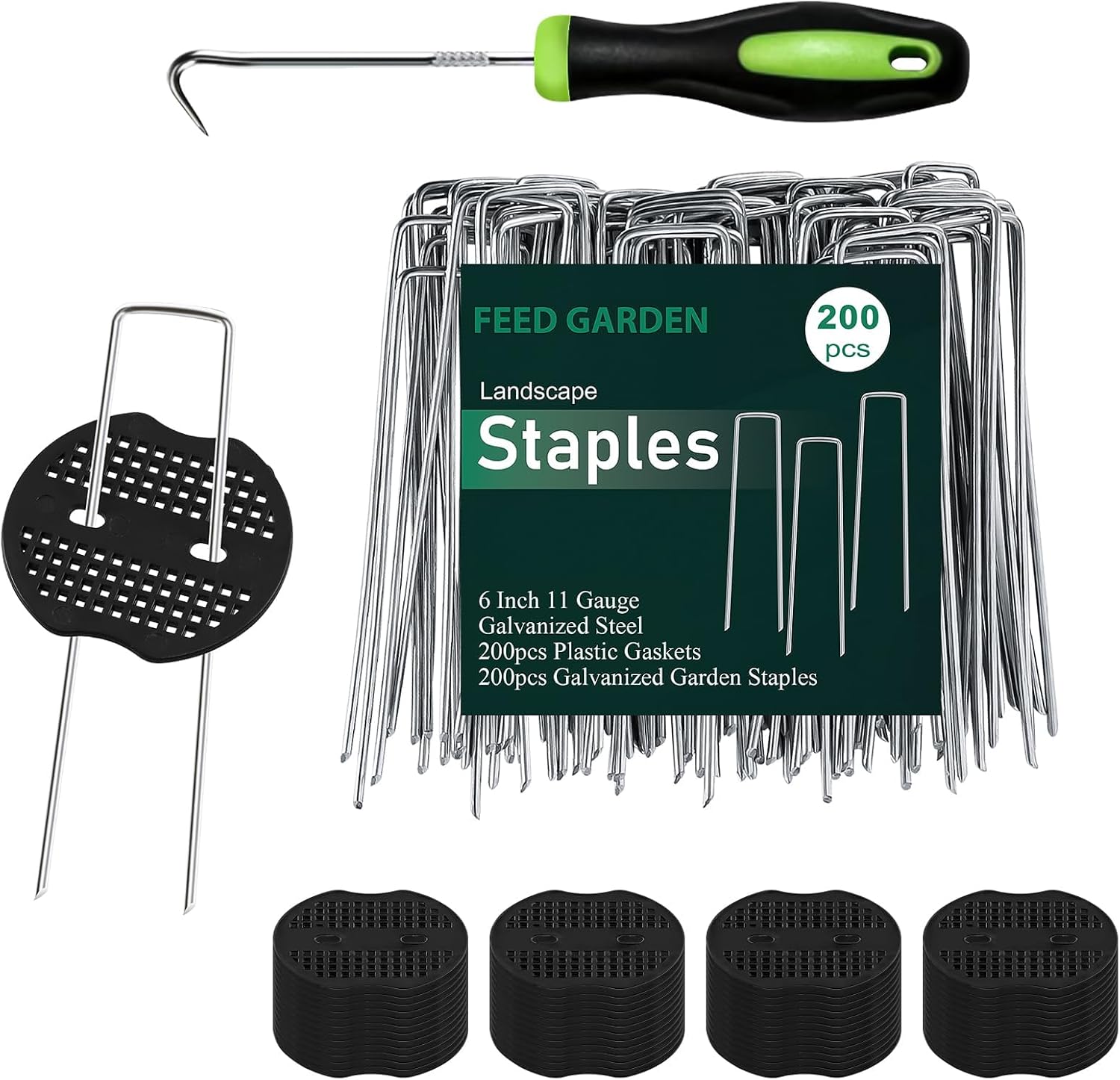 Landscape Staples 6 Inch 200 Pack Kit, Heavy Duty 11 Gauge Hot-Dip Galvanized Garden Stakes with 200 Gaskets & 1 Pick