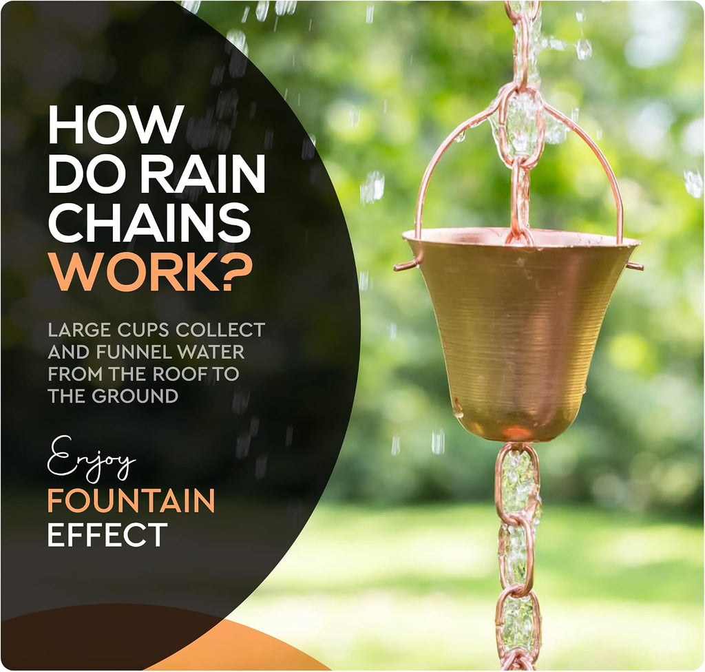 Copper Rain Chain – Decorative Chimes & Cups Replace Gutter Downspout & Divert Water Away from Home for Stunning