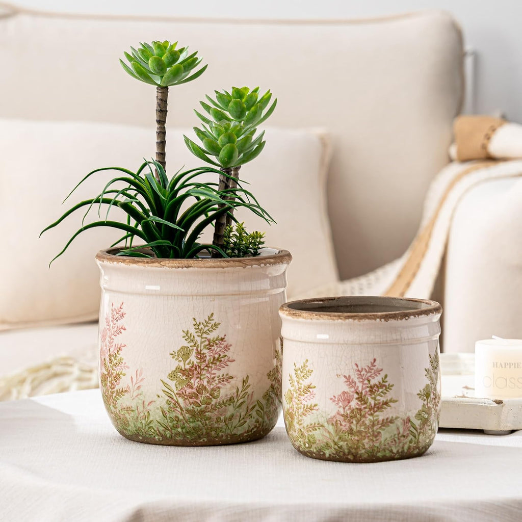 SURE YUESI Ceramic Plant Pots Set of 2, 4.7+5.7 Inch Vintage Indoor Planters with Drainage Hole, Farmhouse Ceramic