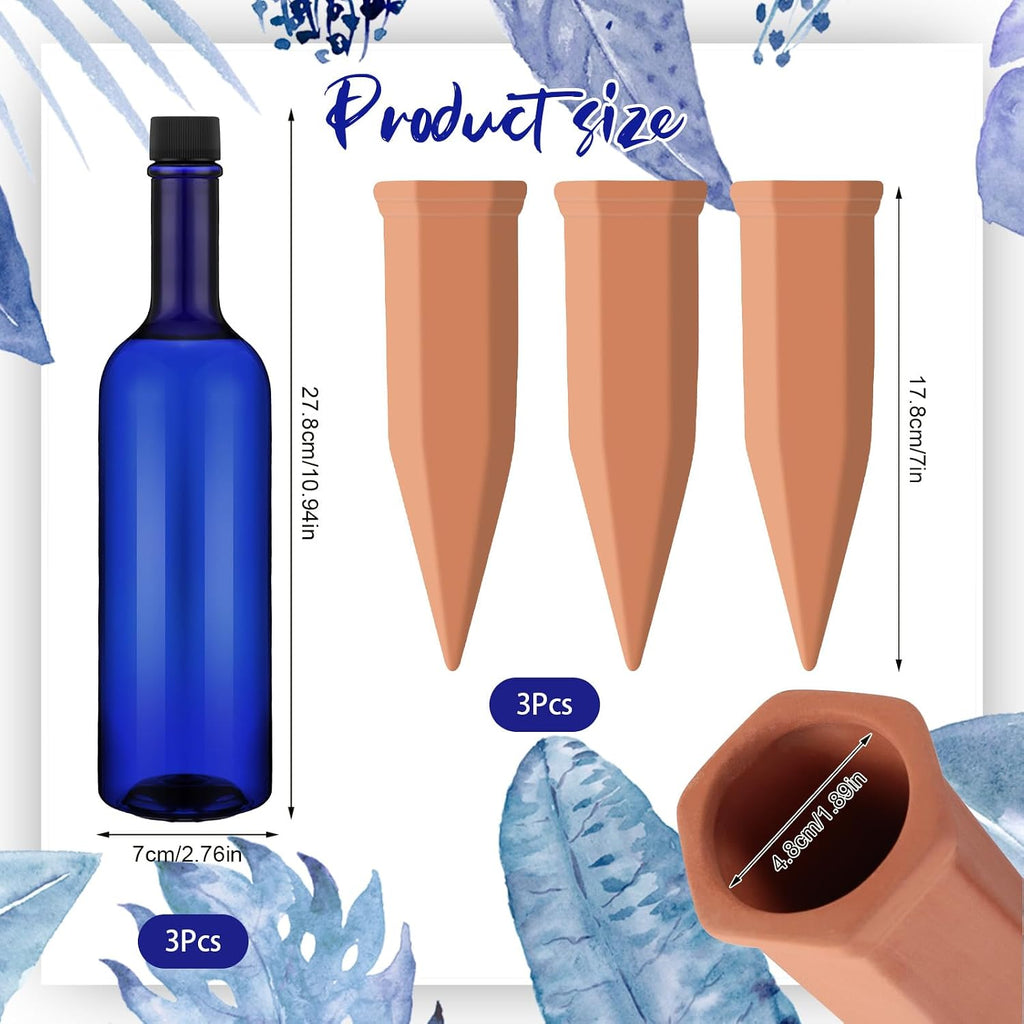 SiliFine 3 Sets Terracotta Watering Spikes,Blue and Terracotta | 26 oz Bottles for Slow Release Watering, Self Watering