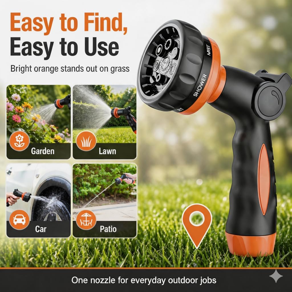 Garden Hose Nozzle Heavy Duty -Thumb Control Spray Nozzles for Garden Hose High Pressure, 7 Patterns Water Hose Nozzle