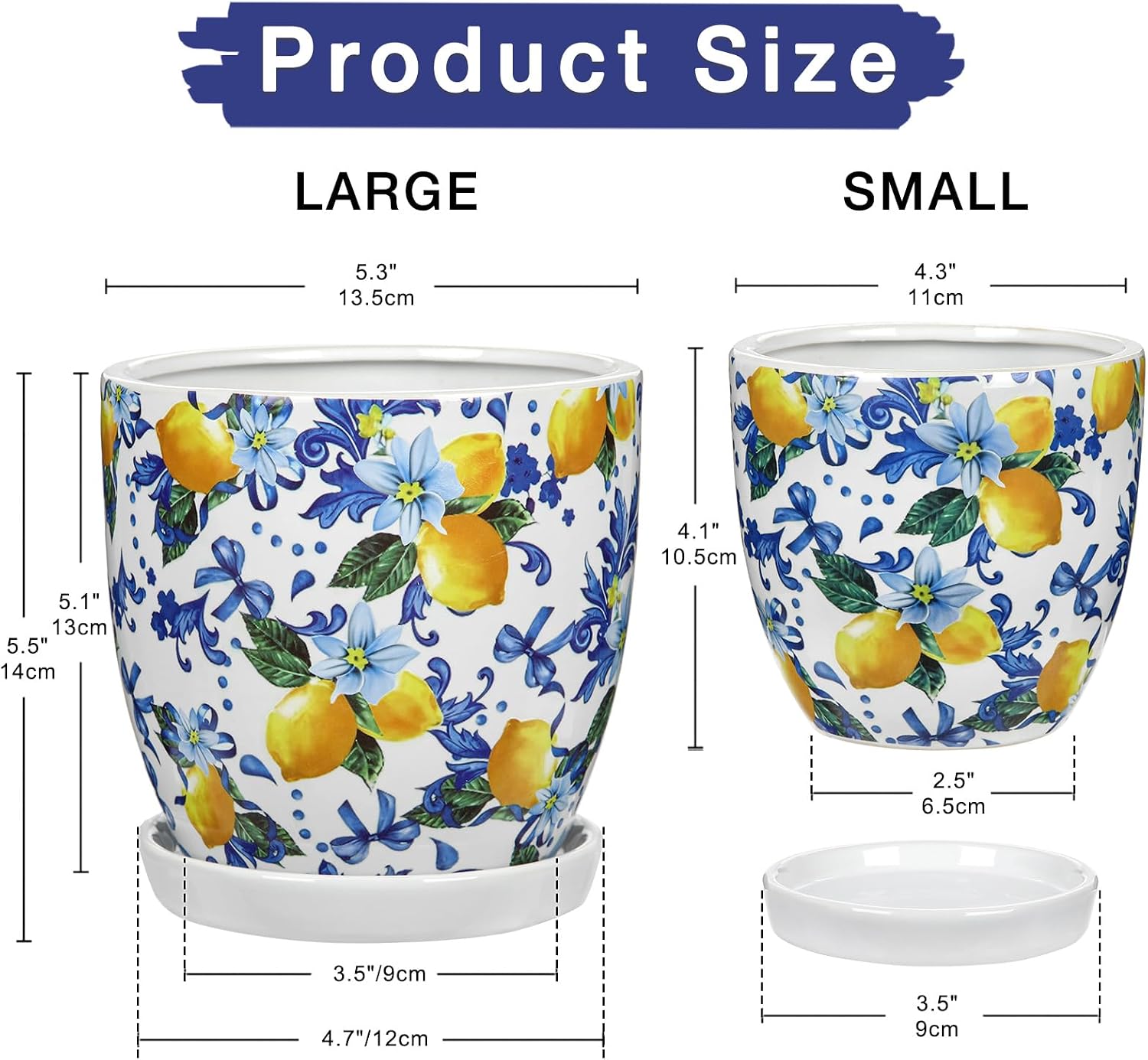 5.3+4.3 inch Ceramic Plant Pots, Set of 2 Blue and White Plant Pot with Drainage Holes and Saucers Small Lemon Indoor