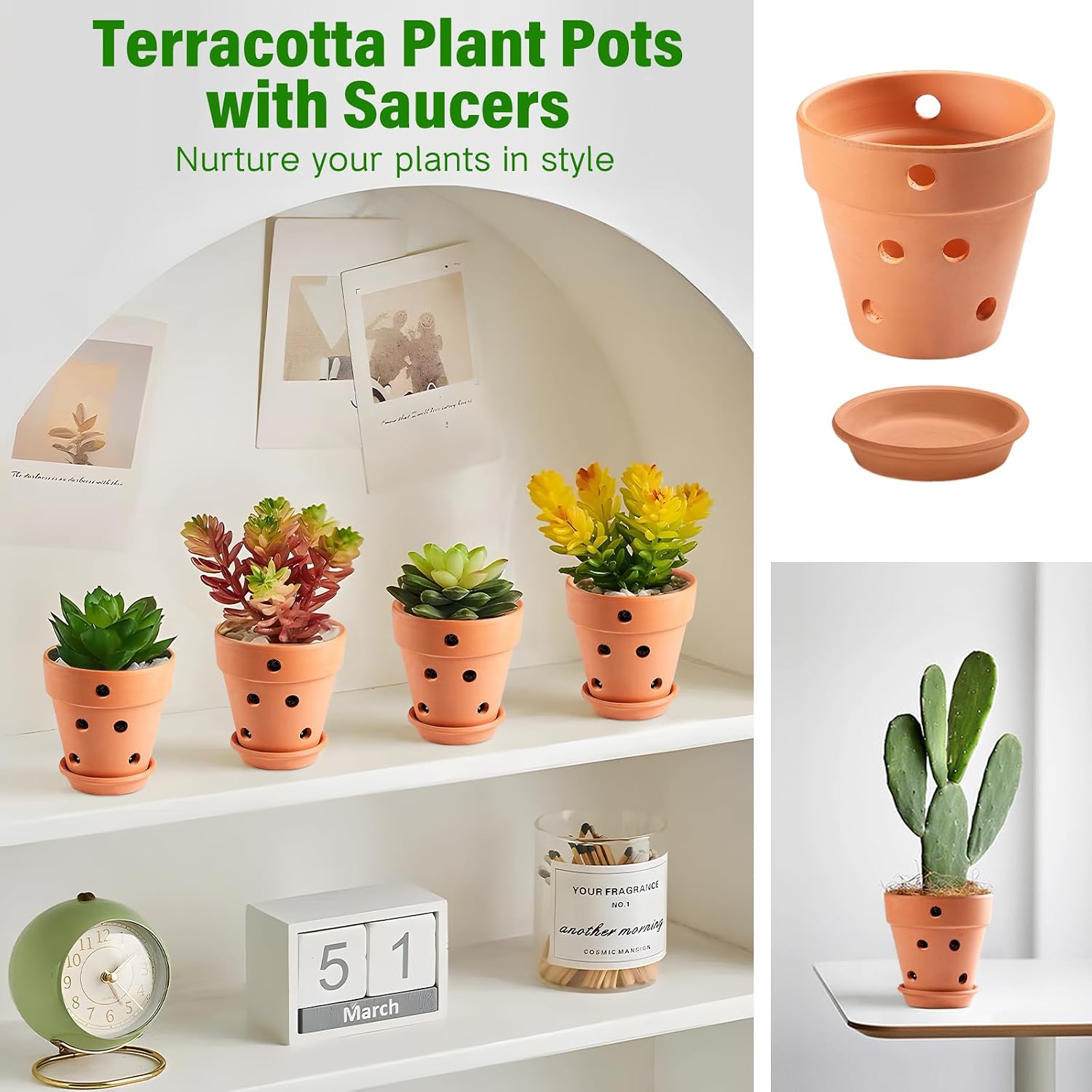 4 Inch Terracotta Orchid Pots with Holes and Saucers Set of 6 | Small Terra Cotta Clay Orchid Planter Pots for Plant
