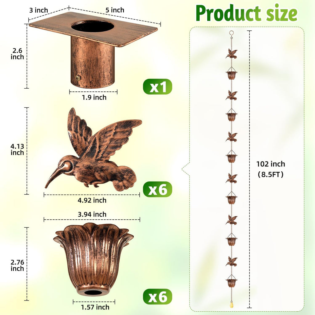 Rain Chains for Gutters Outside Copper with Adapter 8.5FT | 6 Hummingbirds and 6 Flower Cups,Rain Catcher Chain for