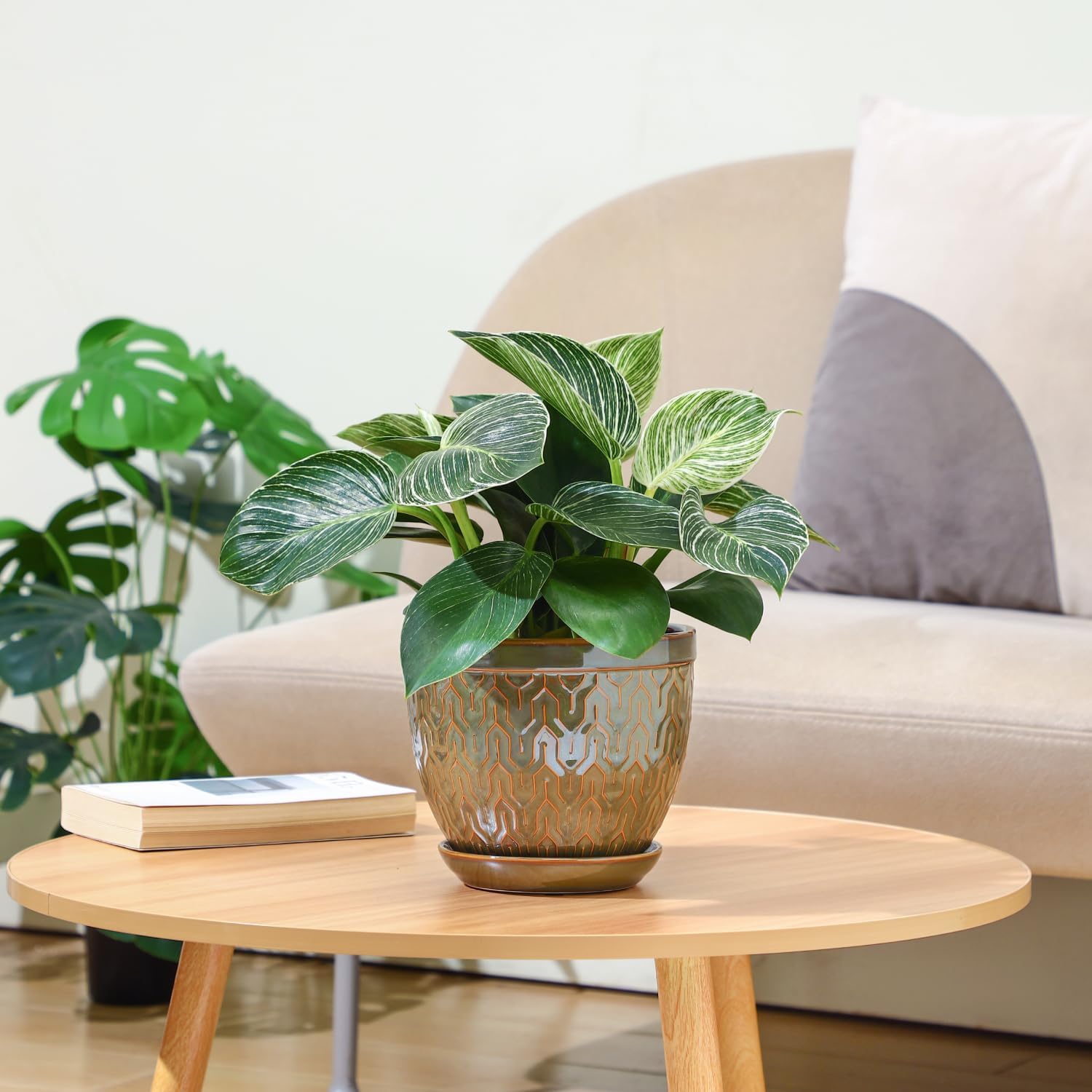 Sureasy 6.5 Inch Ceramic Plant Pots, Embossed Decorative Planters with Drainage Hole and Saucer, Modern Flower Pots for