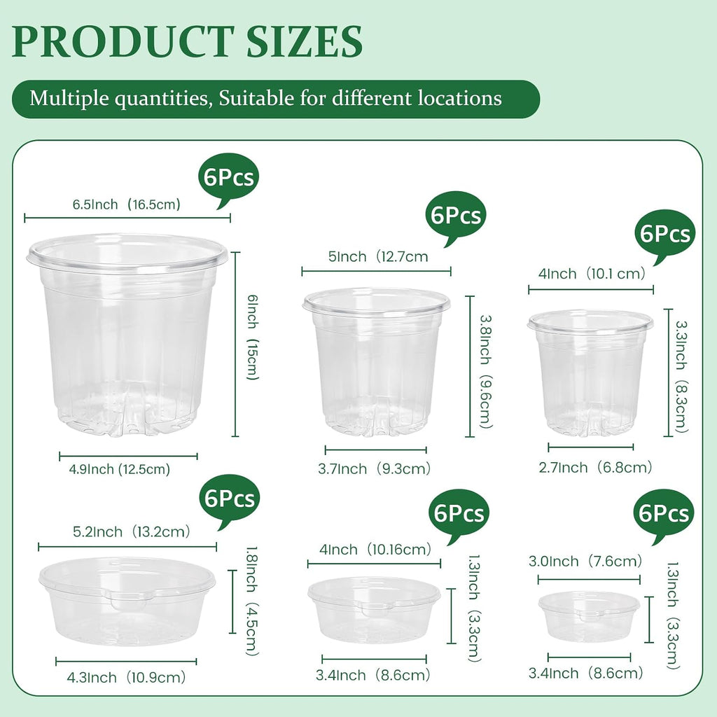 Bluepro Self Watering Pots for Indoor Plants, 4/5/6.5 Inch, 18-Pack | Clear Plastic, 6 Each of Three Sizes, Reservoir