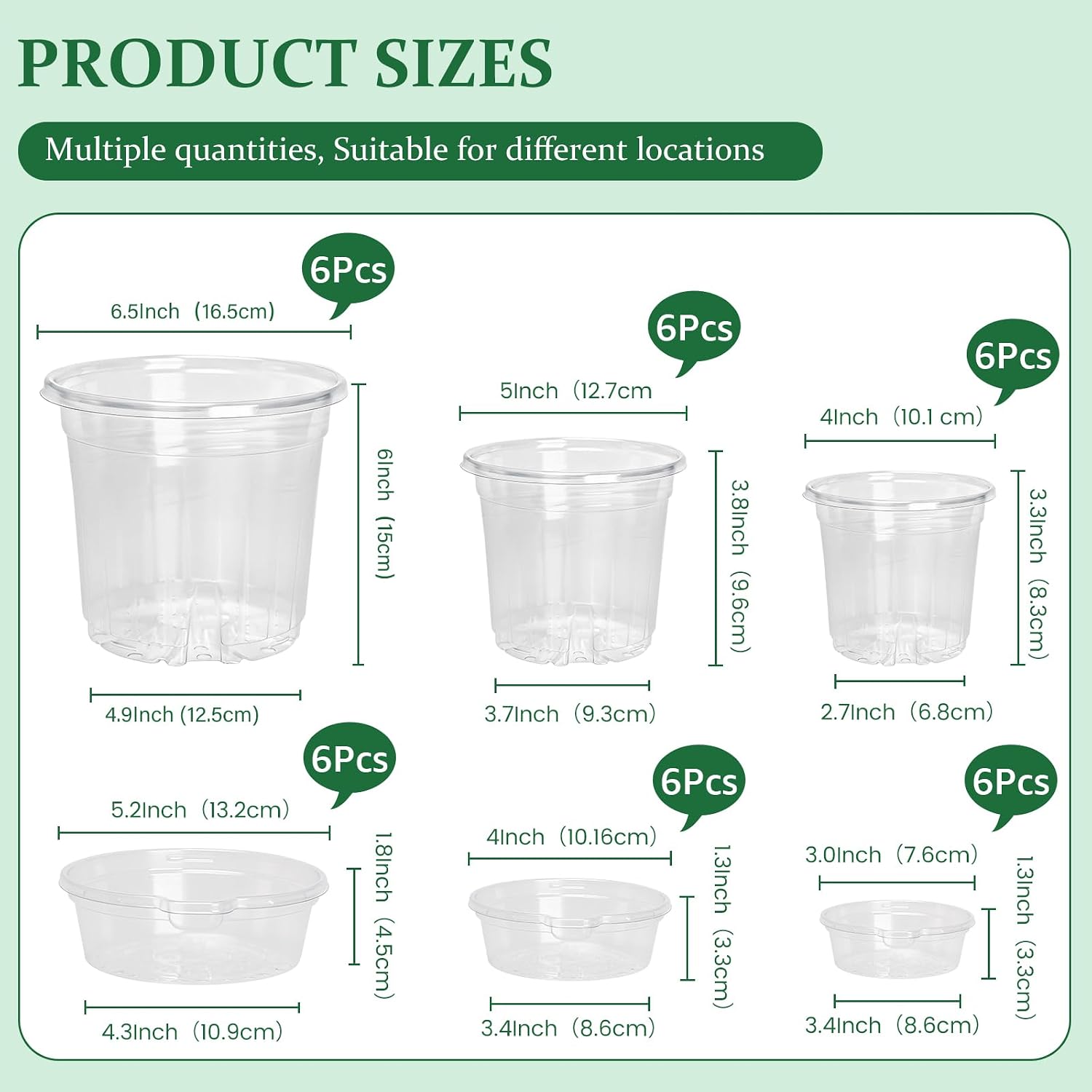 Bluepro Self Watering Pots for Indoor Plants, 4/5/6.5 Inch, 18-Pack | Clear Plastic, 6 Each of Three Sizes, Reservoir