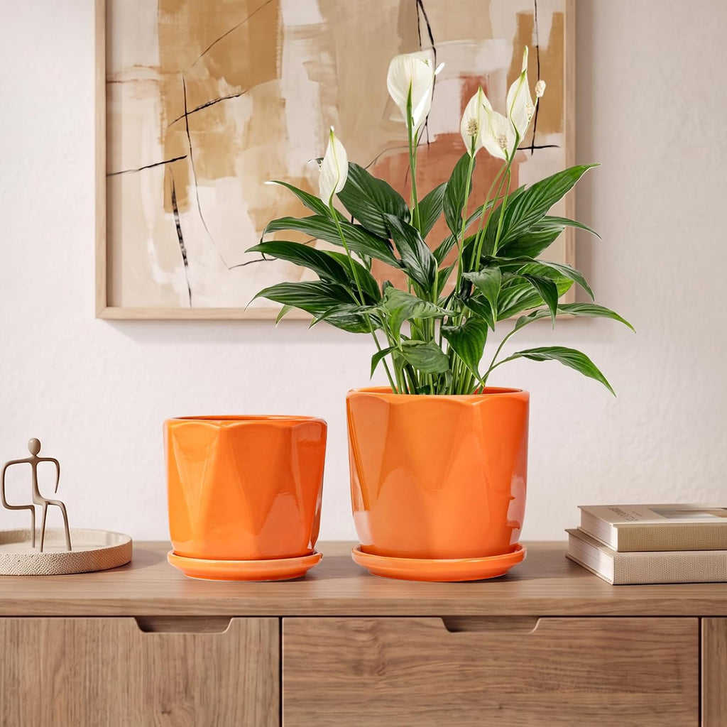 Ceramic Plant Pots Set of 3, Indoor Planter with Drainage Holes and Saucers | Orange Flower Pots for Indoor Plants
