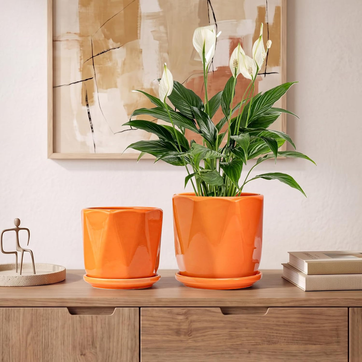 Ceramic Plant Pots Set of 3, Indoor Planter with Drainage Holes and Saucers | Orange Flower Pots for Indoor Plants