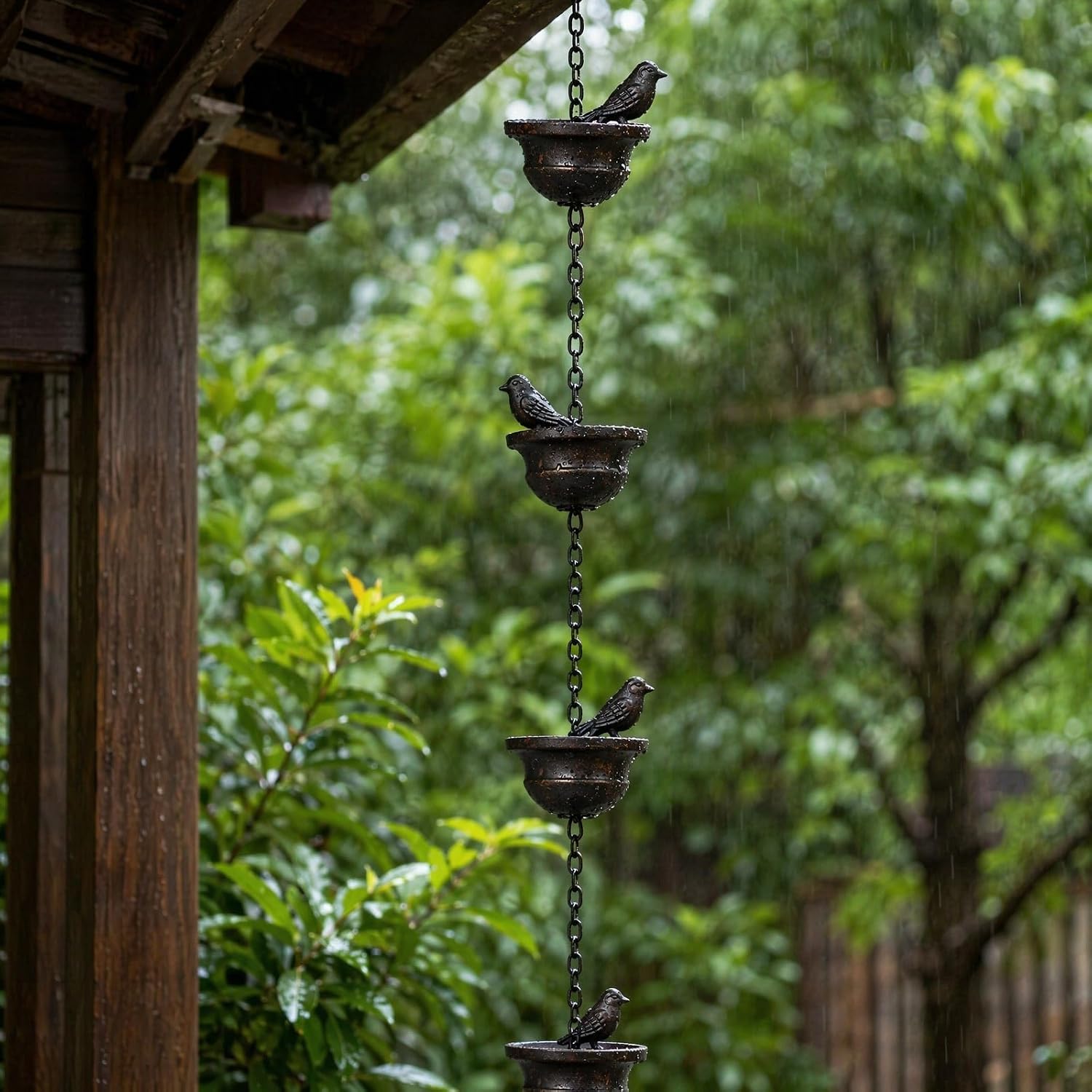 Jemeni 12 Feet Metal Bird Rain Chain, Bird Rain Catcher Chain, Dark Bronze | Decorative & Functional Rain Chains for